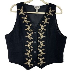 PUTUMAYO Size M‎ Boho Chic Embroidered Vest Wool Blend Western Floral Black Tan